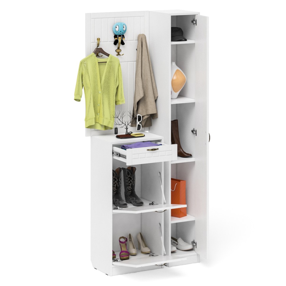 Прихожая П-6 Компоновка № 24, цвет белая шагрень/фасады МДФ белое дерево фрезеровка прованс, ШхГхВ 90х35х220 см., универсальная сборка