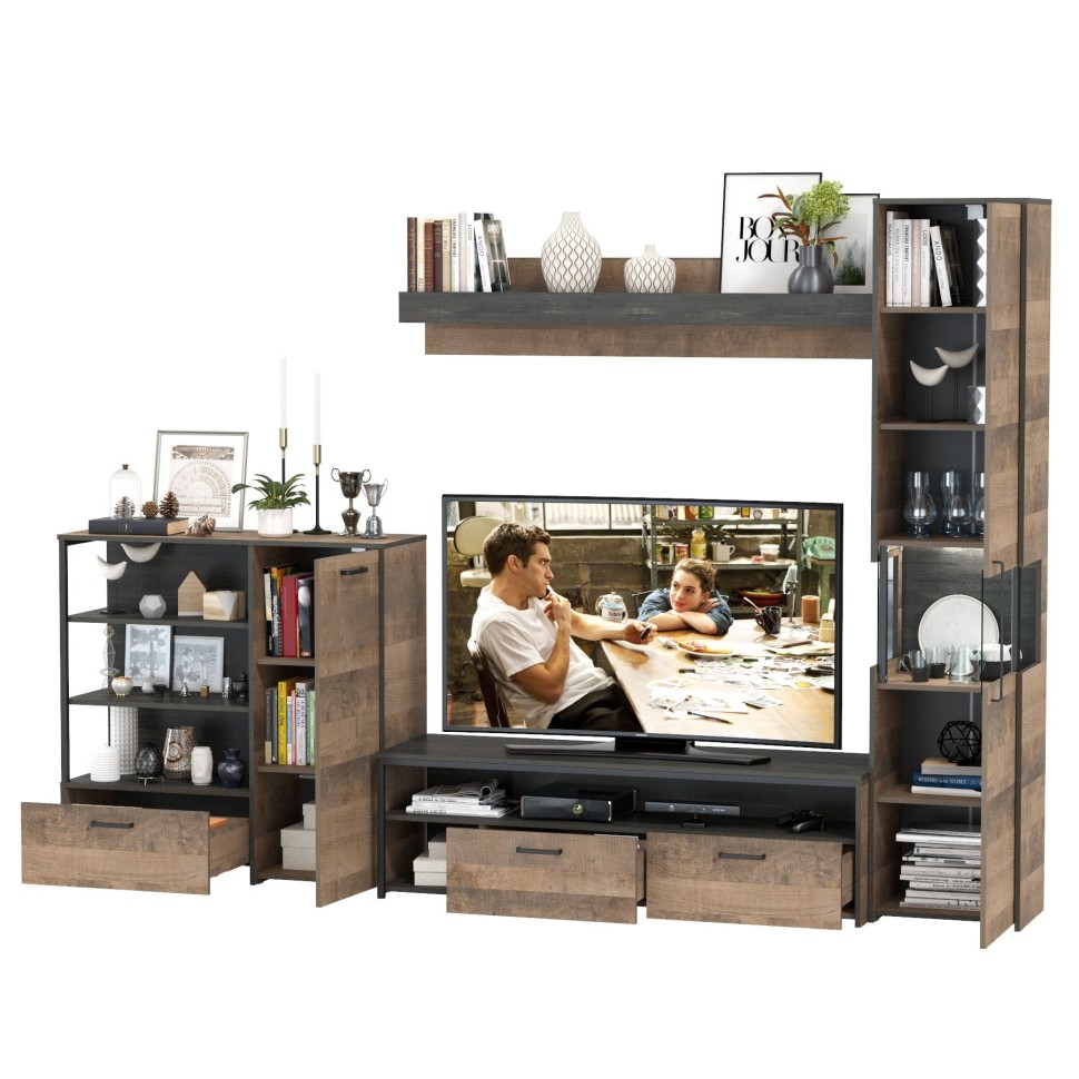 Трувор Гостиная 021, цвет дуб гранж песочный/интра, ШхГхВ 303,6х45,4х210 см., универсальная сборка