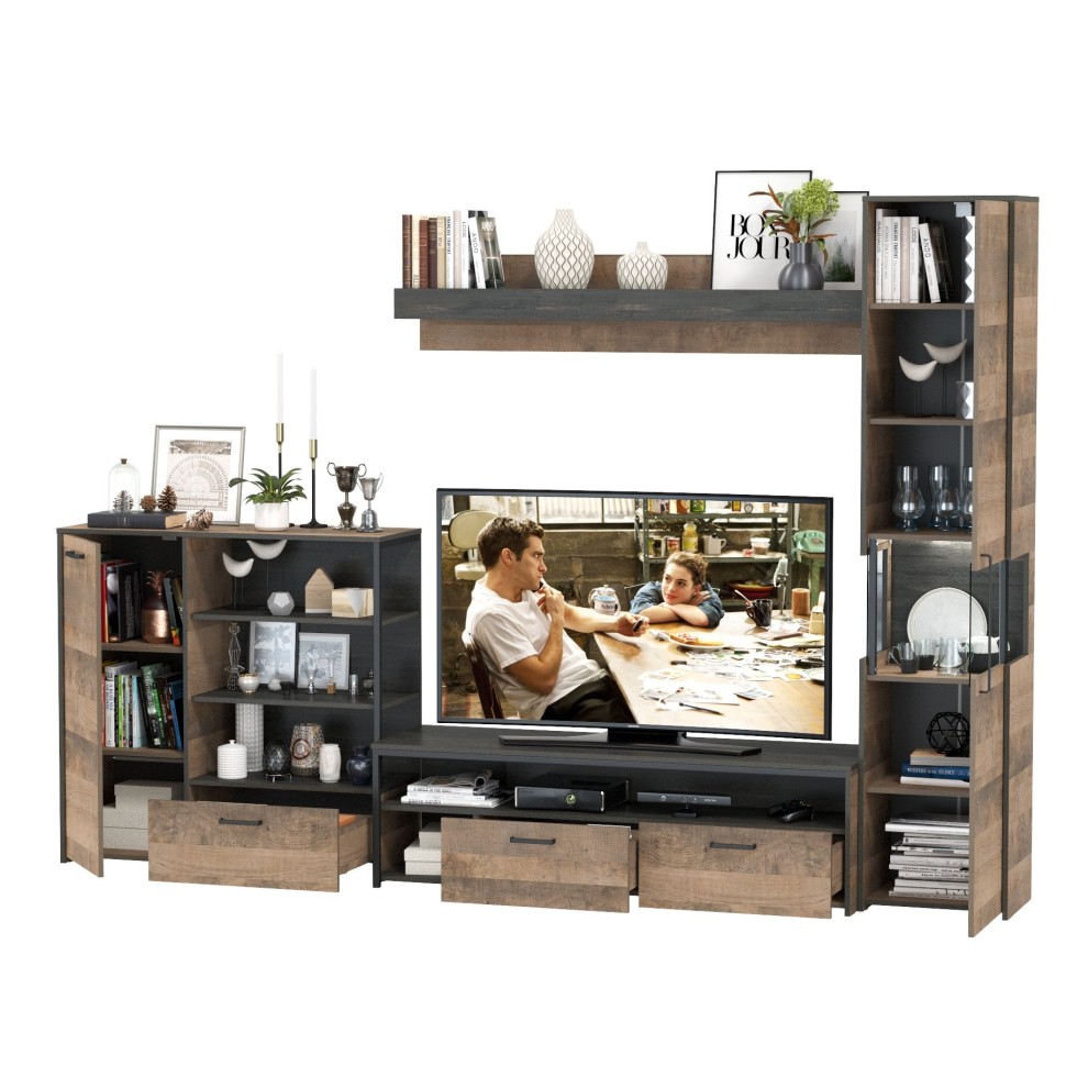 Трувор Гостиная 021, цвет дуб гранж песочный/интра, ШхГхВ 303,6х45,4х210 см., универсальная сборка