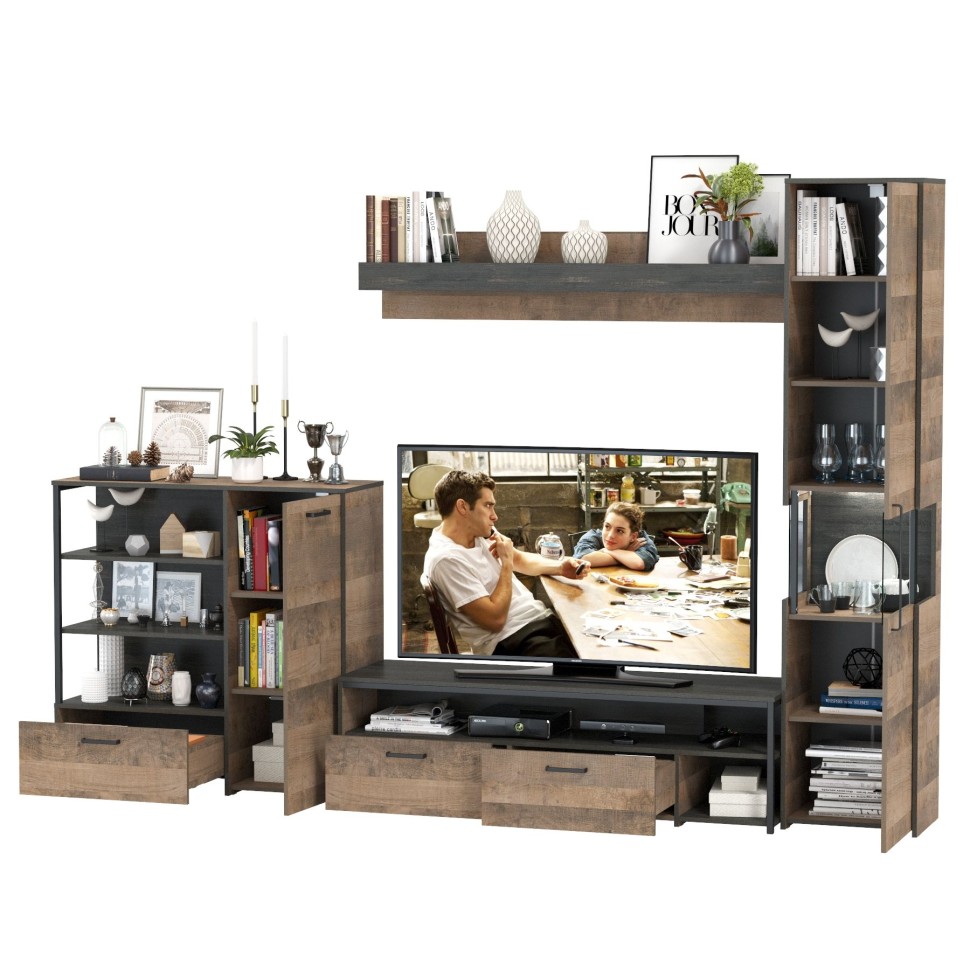 Трувор Гостиная 021, цвет дуб гранж песочный/интра, ШхГхВ 303,6х45,4х210 см., универсальная сборка