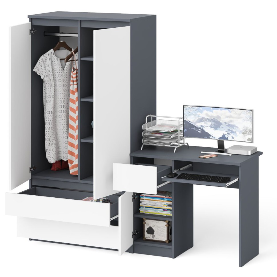 Мори Стол компьютерный МС-1 левый + Шкаф МШ900.1, цвет графит/белый, ШхГхВ 180,4х50,4х179,6 см., выдвижной ящик слева, НЕ универсальная сборка