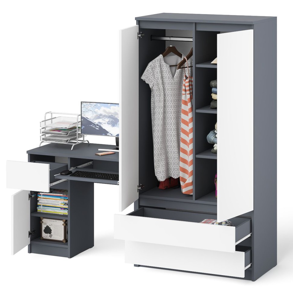 Мори Стол компьютерный МС-1 левый + Шкаф МШ900.1, цвет графит/белый, ШхГхВ 180,4х50,4х179,6 см., выдвижной ящик слева, НЕ универсальная сборка