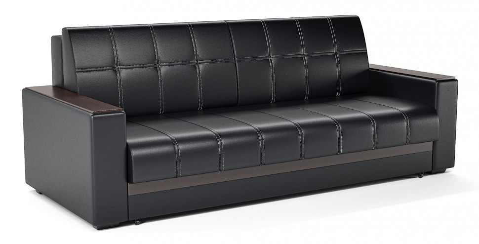 Диван прямой Атланта Next еврокнижка черная экокожа с белыми нитками