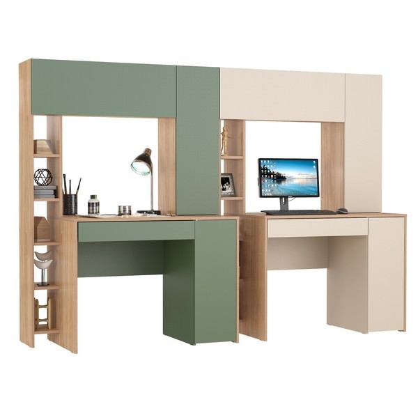 Два стола компьютерных Комфорт 12.71, цвет гикори рокфорд натуральный/дымчатый зелёный/гикори рокфорд натур./сатин, 233,4х60,2х165,4 см., НЕ ун. сб.