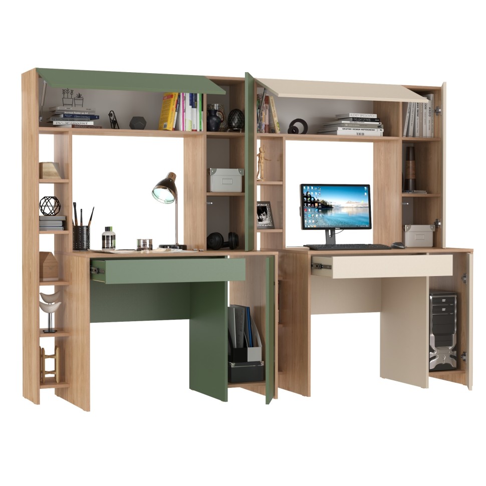 Два стола компьютерных Комфорт 12.71, цвет гикори рокфорд натуральный/дымчатый зелёный/гикори рокфорд натур./сатин, 233,4х60,2х165,4 см., НЕ ун. сб.