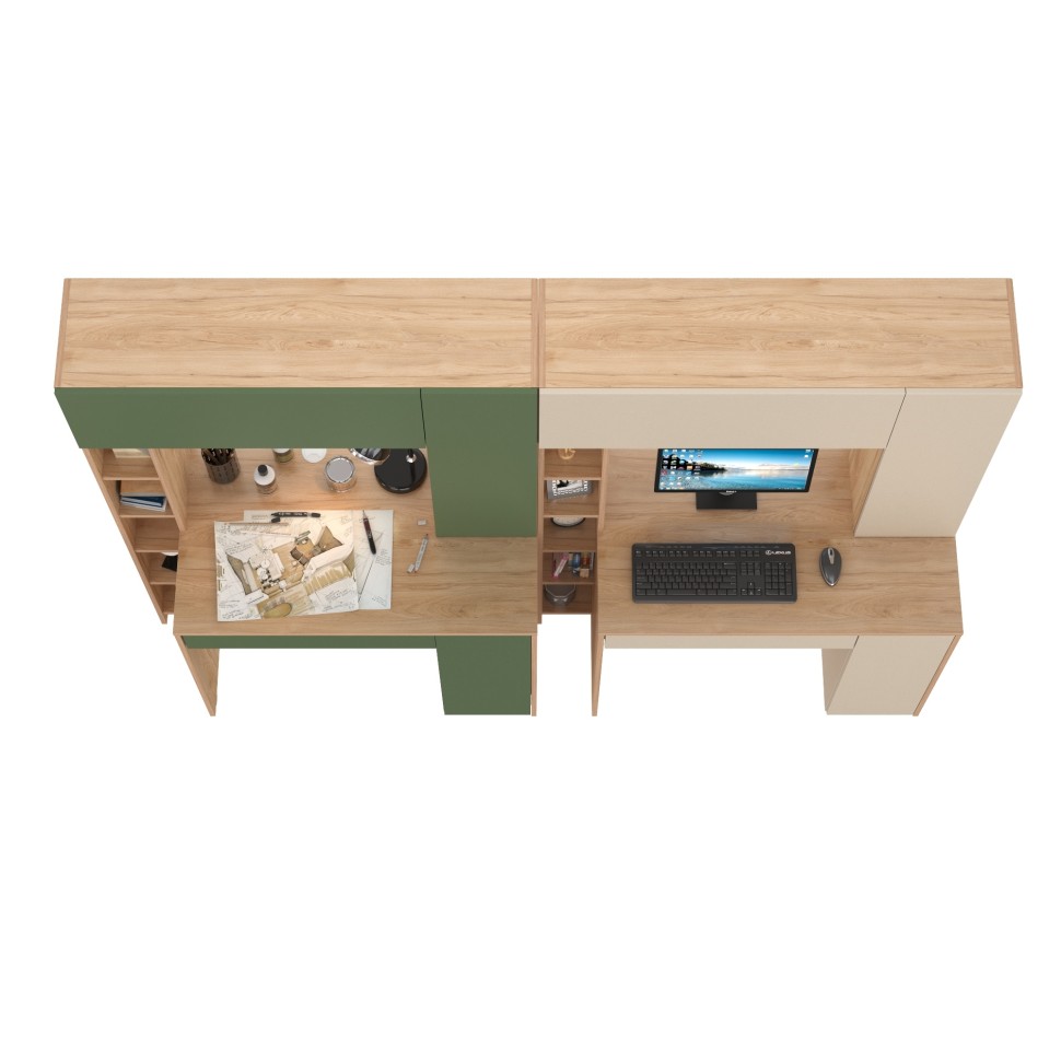 Два стола компьютерных Комфорт 12.71, цвет гикори рокфорд натуральный/дымчатый зелёный/гикори рокфорд натур./сатин, 233,4х60,2х165,4 см., НЕ ун. сб.