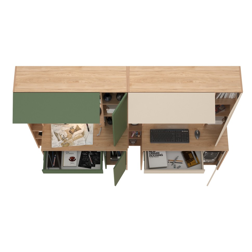 Два стола компьютерных Комфорт 12.71, цвет гикори рокфорд натуральный/дымчатый зелёный/гикори рокфорд натур./сатин, 233,4х60,2х165,4 см., НЕ ун. сб.