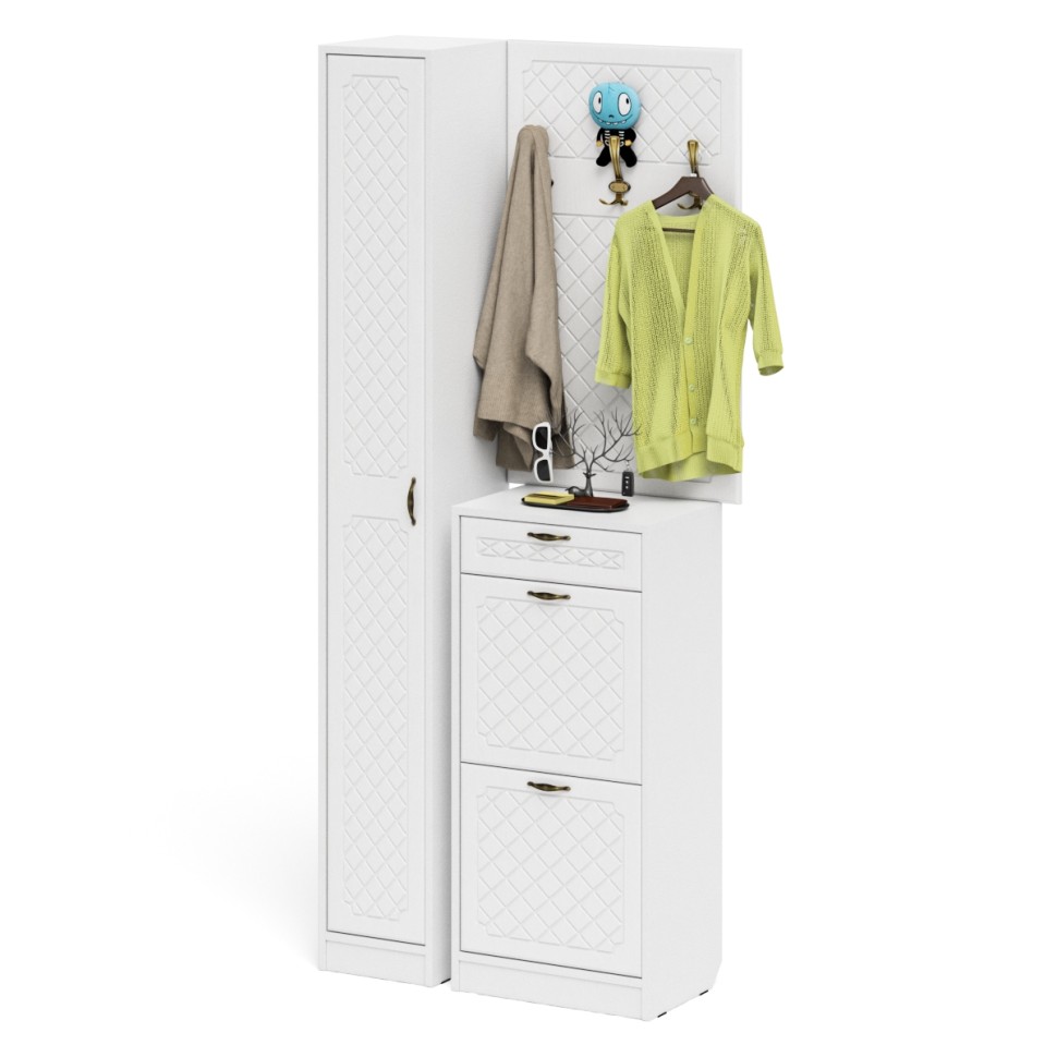 Прихожая П-6 Компоновка № 24, цвет белая шагрень/фасады МДФ белое дерево фрезеровка ромб, ШхГхВ 90х35х220 см., универсальная сборка