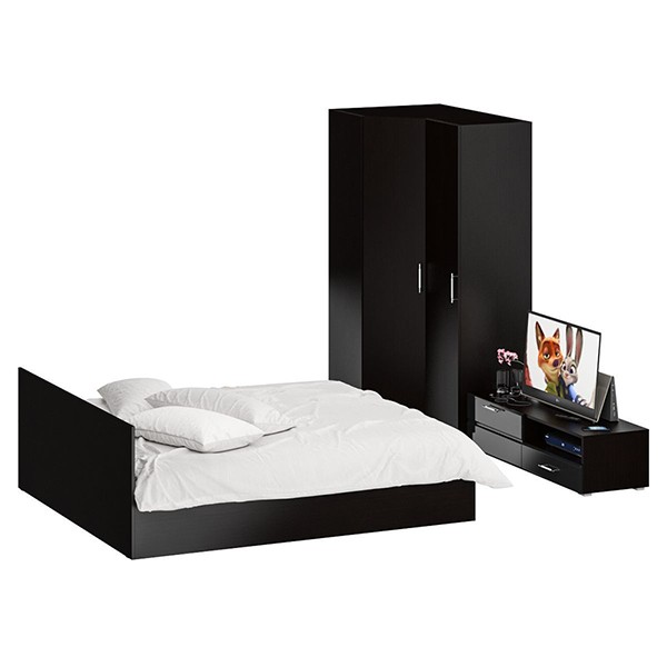 Спальня Стандарт 4-1800, цвет венге/фасады ТВ тумбы МДФ чёрный глянец, сп.м. 1800х2000 мм., без матраса, основание есть
