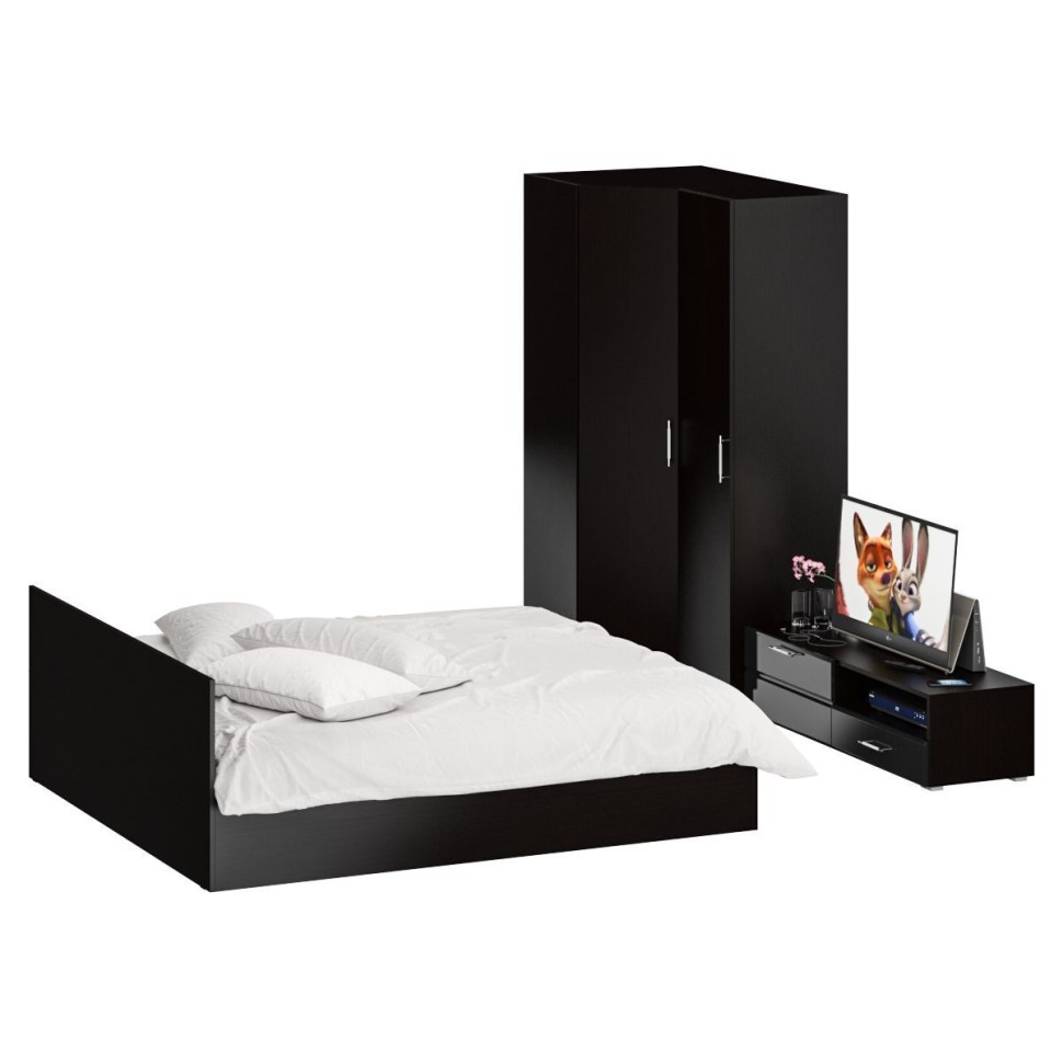 Спальня Стандарт 4-1800, цвет венге/фасады ТВ тумбы МДФ чёрный глянец, сп.м. 1800х2000 мм., без матраса, основание есть