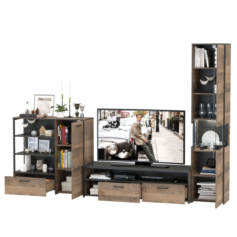 Трувор Гостиная 022, цвет дуб гранж песочный/интра, ШхГхВ 303,6х45,4х210 см., универсальная сборка