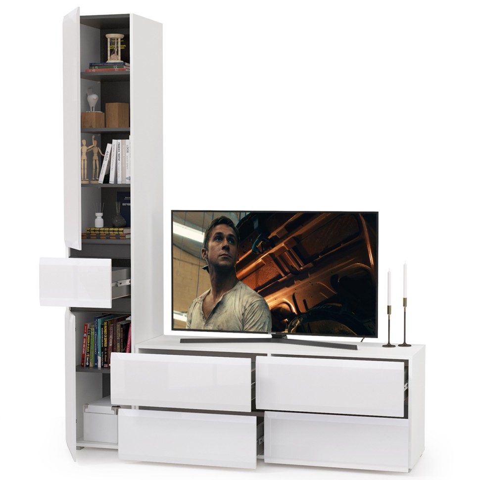 Сидней Комплектация № 015, цвет корпус: белый/чёрный/фасады: МДФ белый глянец, ШхГхВ 164,9х41,3х205,2 см., ниша для ТВ 129х41х100 см., универс. сборка