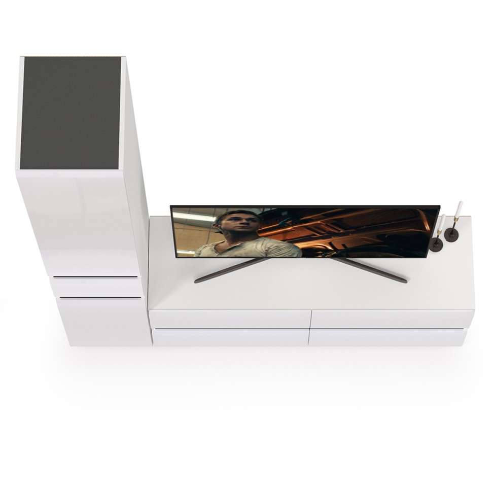 Сидней Комплектация № 015, цвет корпус: белый/чёрный/фасады: МДФ белый глянец, ШхГхВ 164,9х41,3х205,2 см., ниша для ТВ 129х41х100 см., универс. сборка