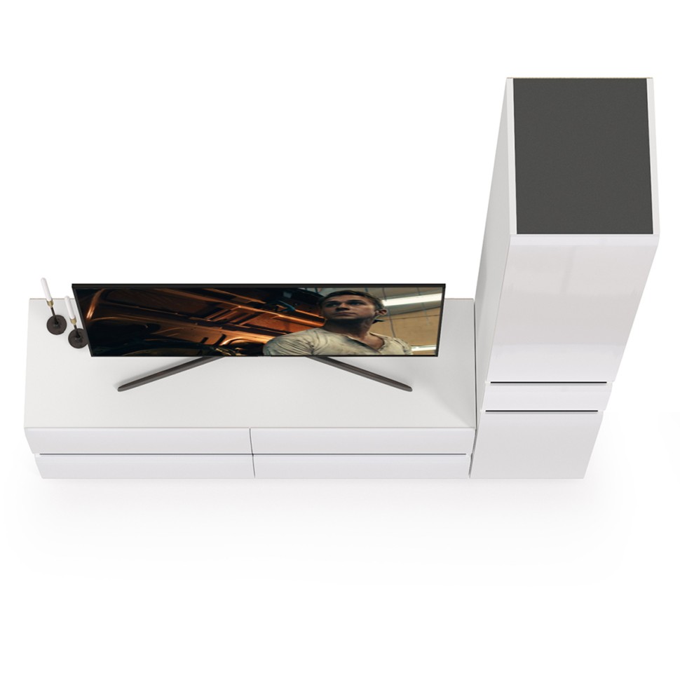 Сидней Комплектация № 015, цвет корпус: белый/чёрный/фасады: МДФ белый глянец, ШхГхВ 164,9х41,3х205,2 см., ниша для ТВ 129х41х100 см., универс. сборка