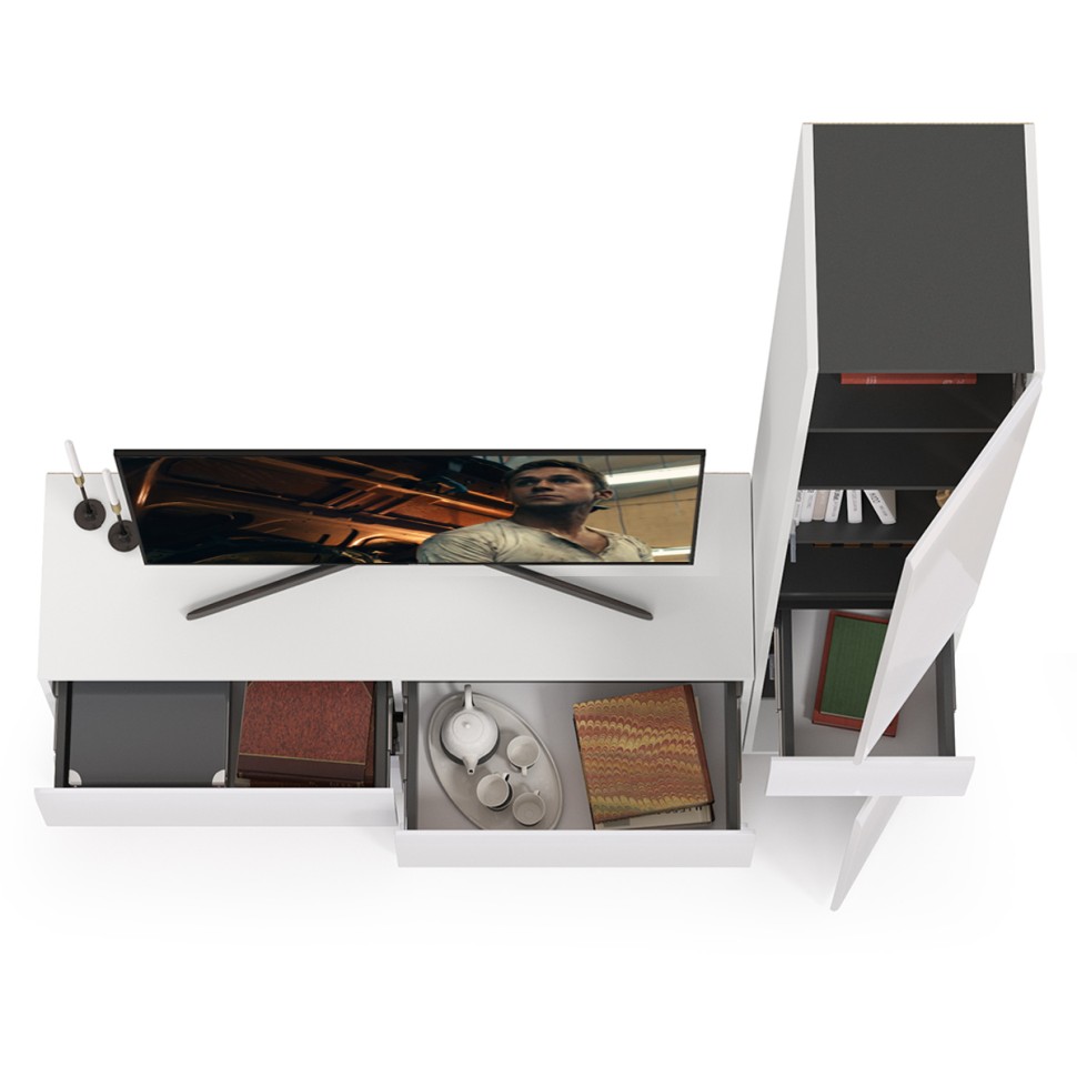 Сидней Комплектация № 015, цвет корпус: белый/чёрный/фасады: МДФ белый глянец, ШхГхВ 164,9х41,3х205,2 см., ниша для ТВ 129х41х100 см., универс. сборка