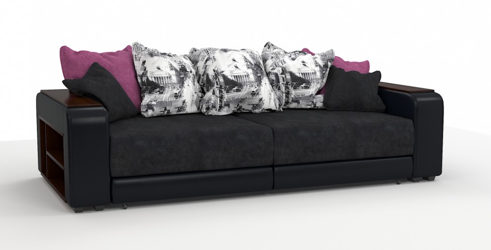 Диван прямой Премьер Люкс велюр черный + экокожа черный