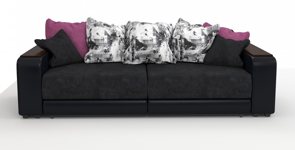 Диван прямой Премьер Люкс велюр черный + экокожа черный