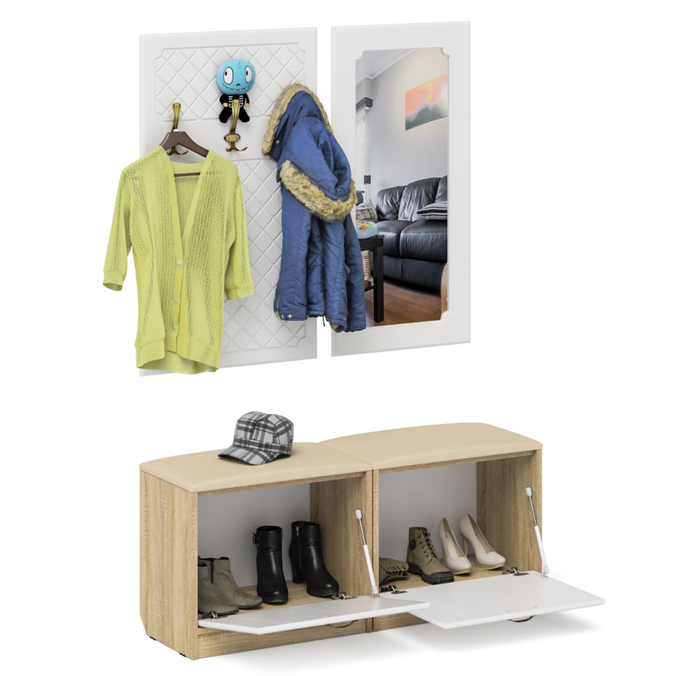 Прихожая П-6 Компоновка № 02, цвет дуб сонома/фасады МДФ белое дерево фрезеровка ромб, ШхГхВ 120х35х200 см.