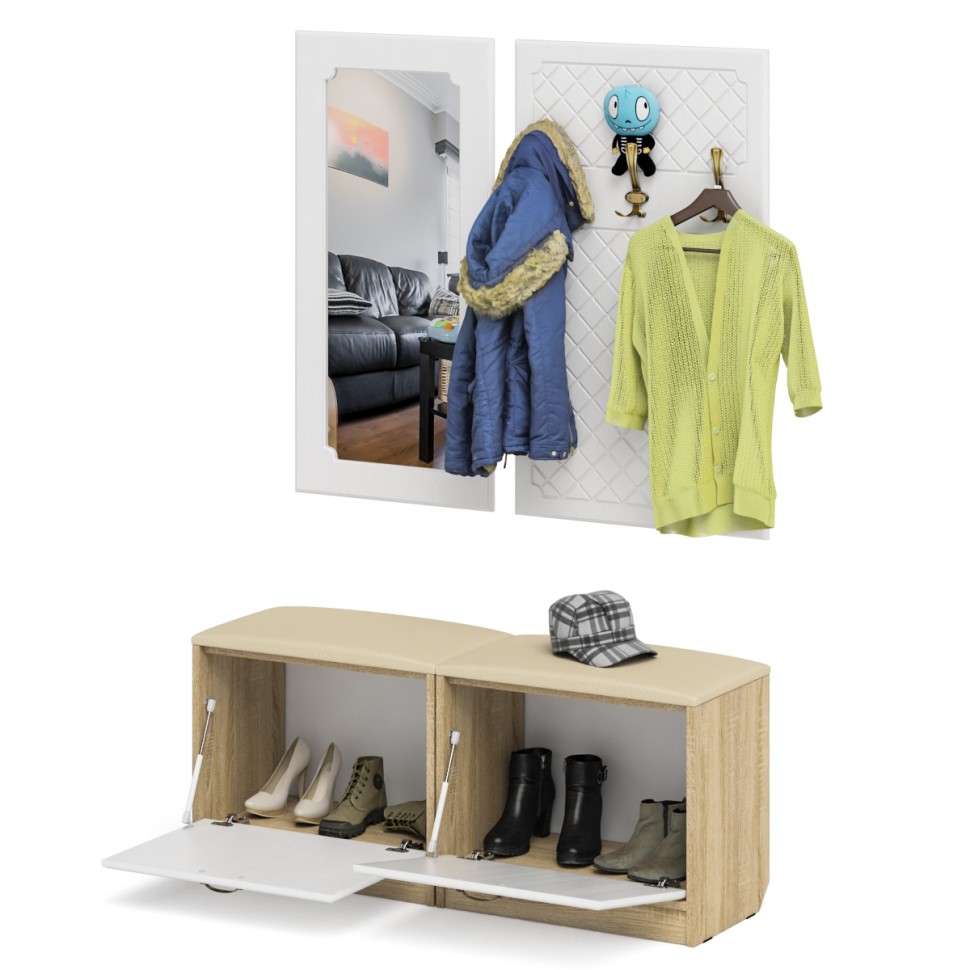 Прихожая П-6 Компоновка № 02, цвет дуб сонома/фасады МДФ белое дерево фрезеровка ромб, ШхГхВ 120х35х200 см.