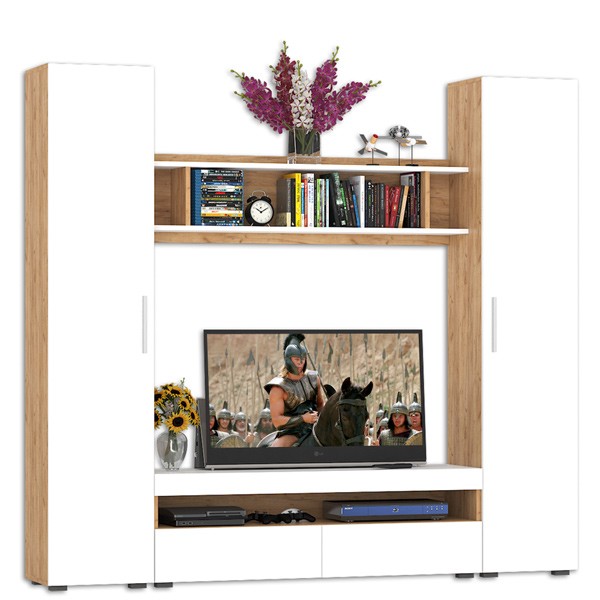 СНЯТО Альба Комплектация № 1, цвет дуб крафт золотой/белый премиум, ШхГхВ 210х36,1х191,6 см., ниша для ТВ 130х36х116 см.