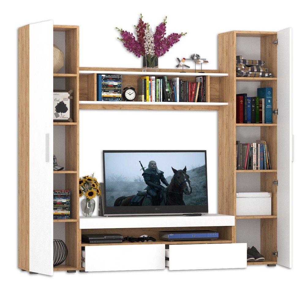 СНЯТО Альба Комплектация № 1, цвет дуб крафт золотой/белый премиум, ШхГхВ 210х36,1х191,6 см., ниша для ТВ 130х36х116 см.