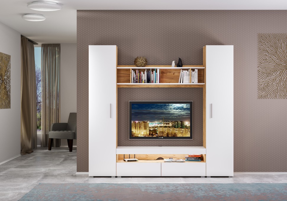 СНЯТО Альба Комплектация № 1, цвет дуб крафт золотой/белый премиум, ШхГхВ 210х36,1х191,6 см., ниша для ТВ 130х36х116 см.