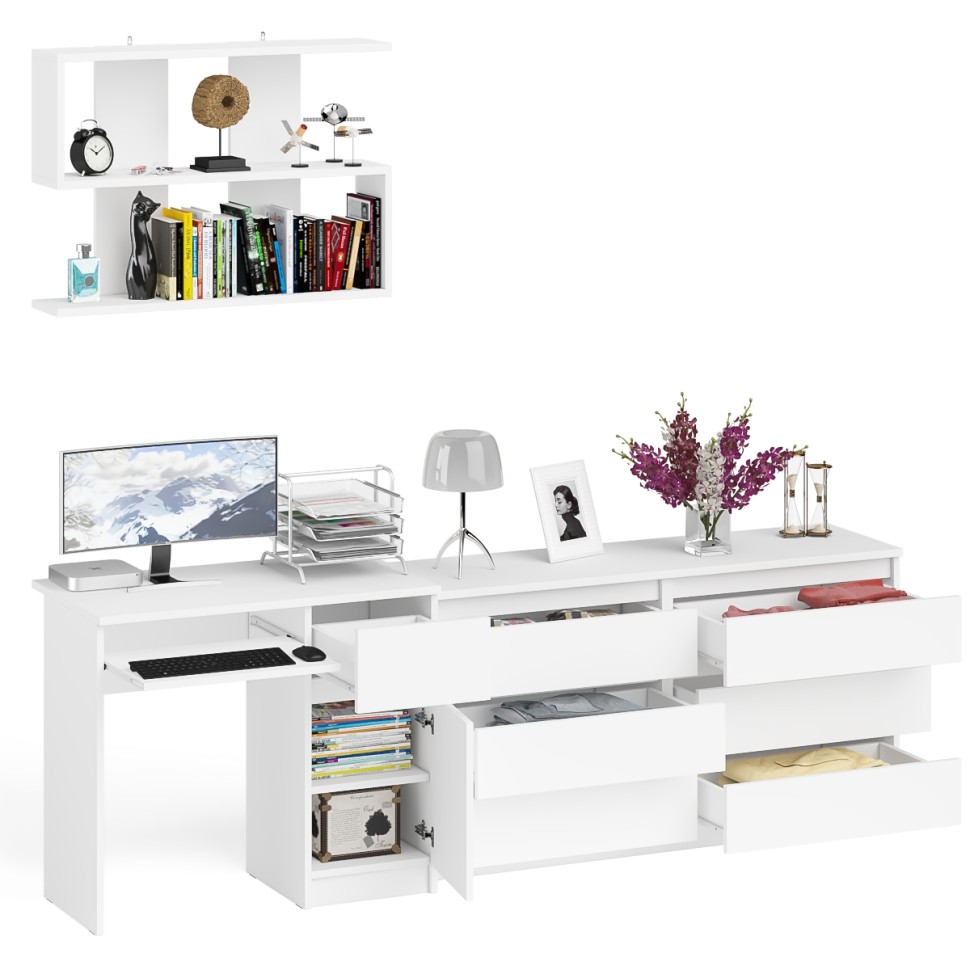 Мори Стол компьютерный МС-1 правый + Комод МК1380.6 + Полка 900, цвет белый, ШхГхВ 228х50х209,6 см., НЕ универсальная сборка