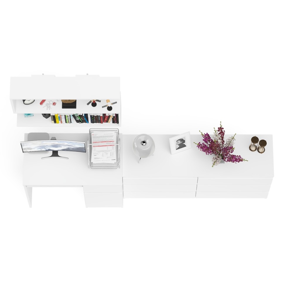 Мори Стол компьютерный МС-1 правый + Комод МК1380.6 + Полка 900, цвет белый, ШхГхВ 228х50х209,6 см., НЕ универсальная сборка