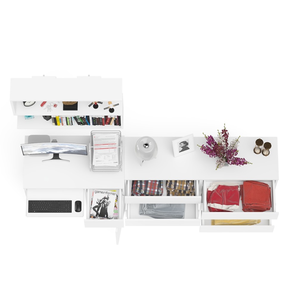 Мори Стол компьютерный МС-1 правый + Комод МК1380.6 + Полка 900, цвет белый, ШхГхВ 228х50х209,6 см., НЕ универсальная сборка