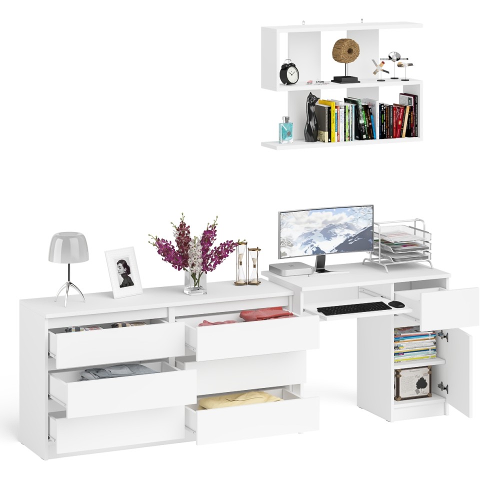 Мори Стол компьютерный МС-1 правый + Комод МК1380.6 + Полка 900, цвет белый, ШхГхВ 228х50х209,6 см., НЕ универсальная сборка