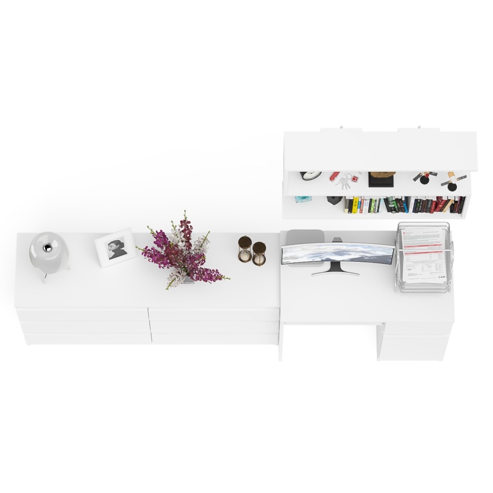 Мори Стол компьютерный МС-1 правый + Комод МК1380.6 + Полка 900, цвет белый, ШхГхВ 228х50х209,6 см., НЕ универсальная сборка