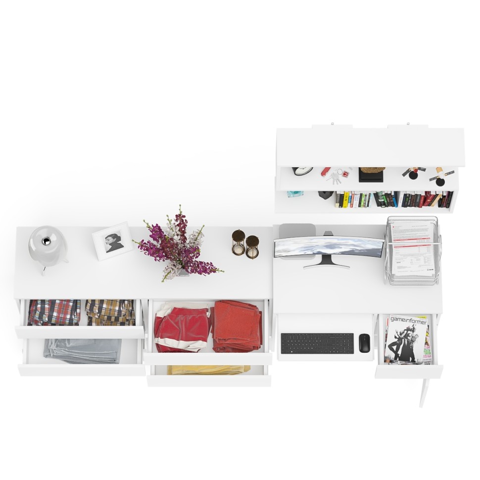 Мори Стол компьютерный МС-1 правый + Комод МК1380.6 + Полка 900, цвет белый, ШхГхВ 228х50х209,6 см., НЕ универсальная сборка