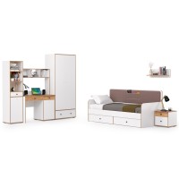 Вуди Компоновка № 35, цвет белый премиум/дуб крафт золотой/саванна латте, сп. м. 900х2000 мм., б/м, основание есть, матрас высотой до 200 мм.