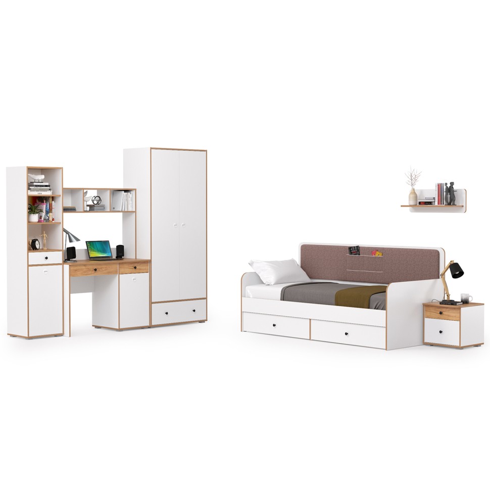 Вуди Компоновка № 35, цвет белый премиум/дуб крафт золотой/саванна латте, сп. м. 900х2000 мм., б/м, основание есть, матрас высотой до 200 мм.