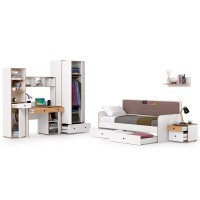 Вуди Компоновка № 35, цвет белый премиум/дуб крафт золотой/саванна латте, сп. м. 900х2000 мм., б/м, основание есть, матрас высотой до 200 мм.