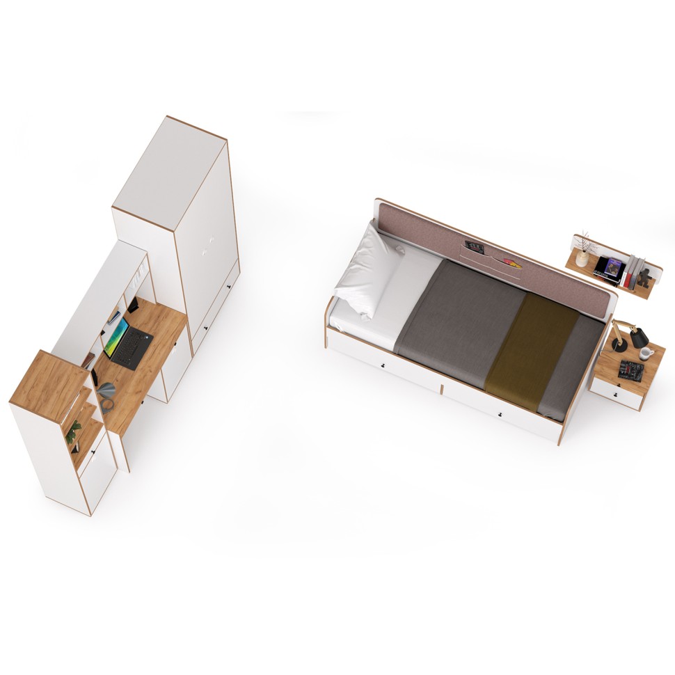 Вуди Компоновка № 35, цвет белый премиум/дуб крафт золотой/саванна латте, сп. м. 900х2000 мм., б/м, основание есть, матрас высотой до 200 мм.