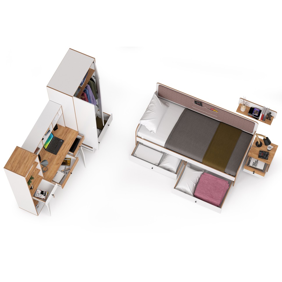 Вуди Компоновка № 35, цвет белый премиум/дуб крафт золотой/саванна латте, сп. м. 900х2000 мм., б/м, основание есть, матрас высотой до 200 мм.