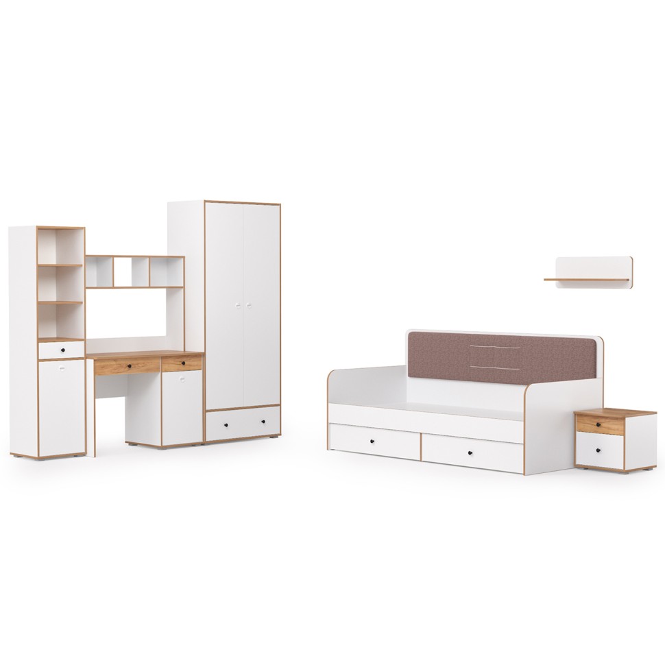 Вуди Компоновка № 35, цвет белый премиум/дуб крафт золотой/саванна латте, сп. м. 900х2000 мм., б/м, основание есть, матрас высотой до 200 мм.