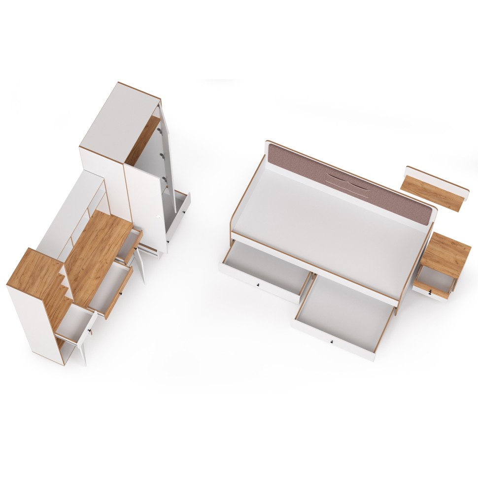 Вуди Компоновка № 35, цвет белый премиум/дуб крафт золотой/саванна латте, сп. м. 900х2000 мм., б/м, основание есть, матрас высотой до 200 мм.