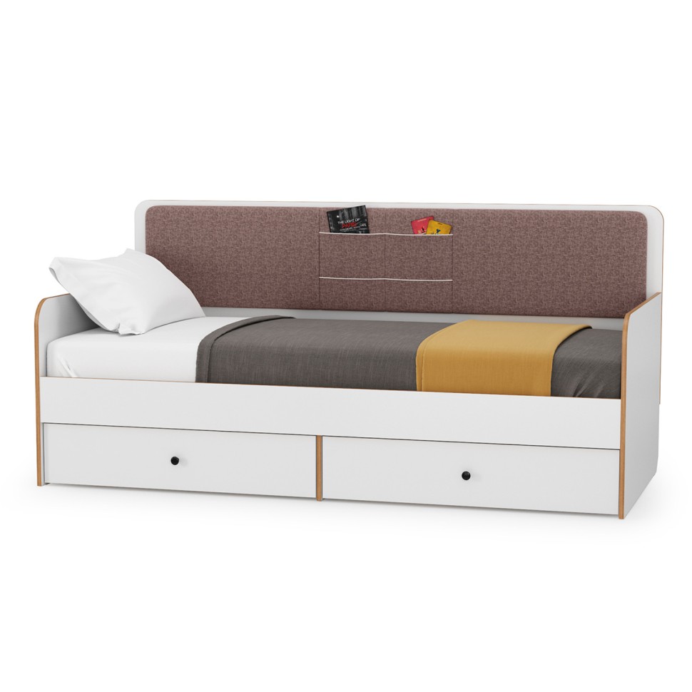 Вуди Компоновка № 35, цвет белый премиум/дуб крафт золотой/саванна латте, сп. м. 900х2000 мм., б/м, основание есть, матрас высотой до 200 мм.