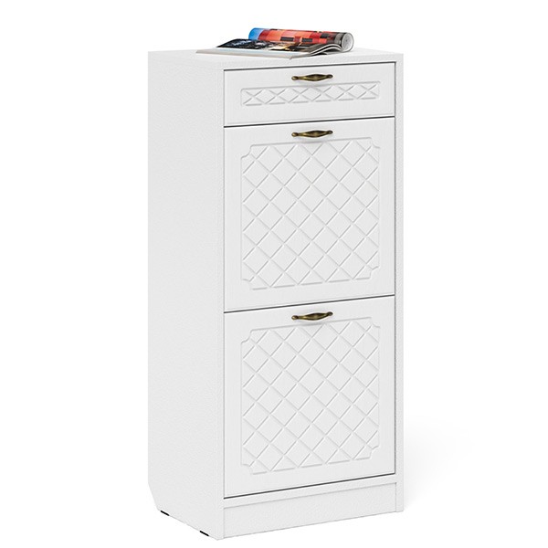 Прихожая П-6 Тумба для обуви 2 секции, цвет белая шагрень/фасады МДФ белое дерево фрезеровка ромб, ШхГхВ 50х35х108,3 см.