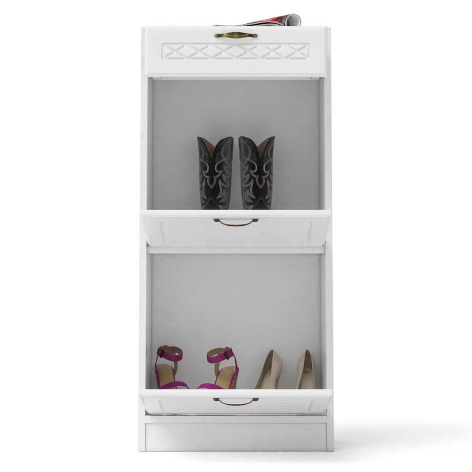 Прихожая П-6 Тумба для обуви 2 секции, цвет белая шагрень/фасады МДФ белое дерево фрезеровка ромб, ШхГхВ 50х35х108,3 см.