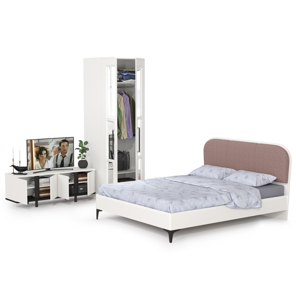 Валенсия Спальня № 26, цвет ЛДСП белый шагрень/чёрный/МДФ белый шагрень/ткань велутто 19, ортопед есть, сп. м. 1600х2000 мм., б/м