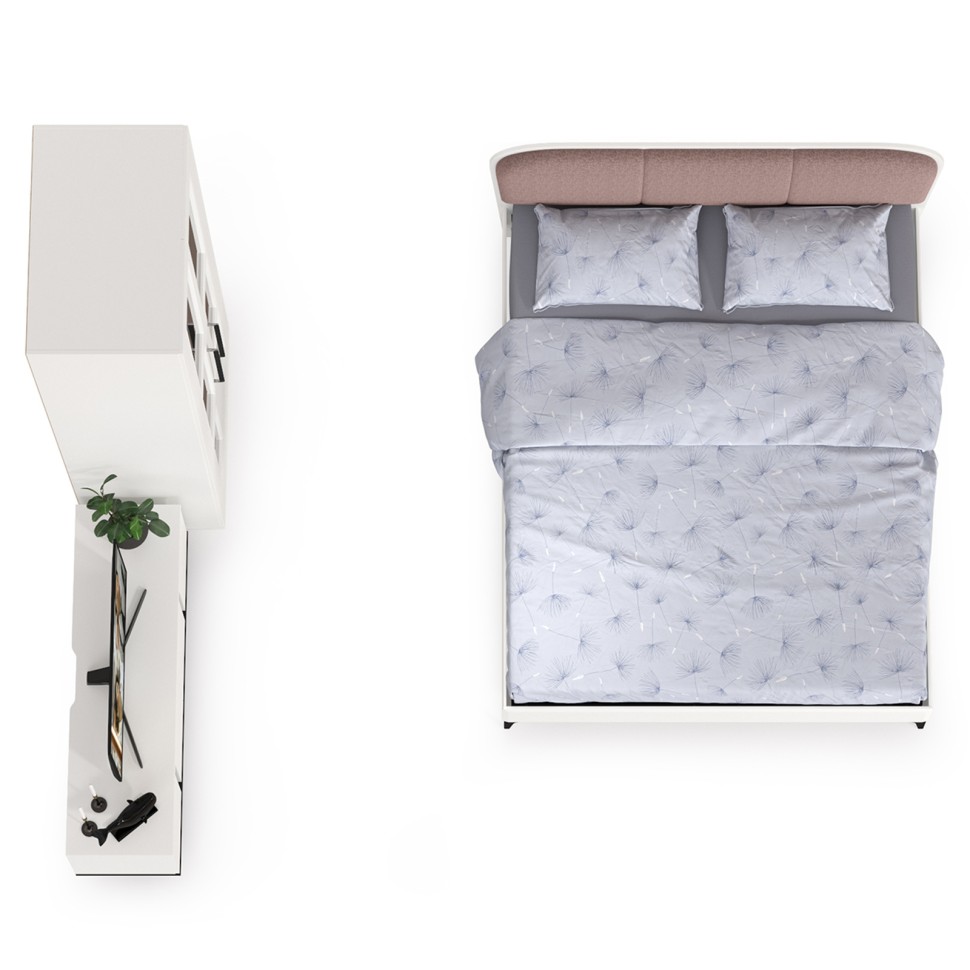 Валенсия Спальня № 26, цвет ЛДСП белый шагрень/чёрный/МДФ белый шагрень/ткань велутто 19, ортопед есть, сп. м. 1600х2000 мм., б/м