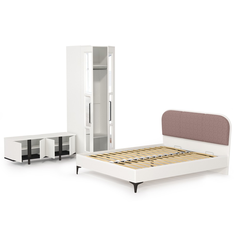 Валенсия Спальня № 26, цвет ЛДСП белый шагрень/чёрный/МДФ белый шагрень/ткань велутто 19, ортопед есть, сп. м. 1600х2000 мм., б/м