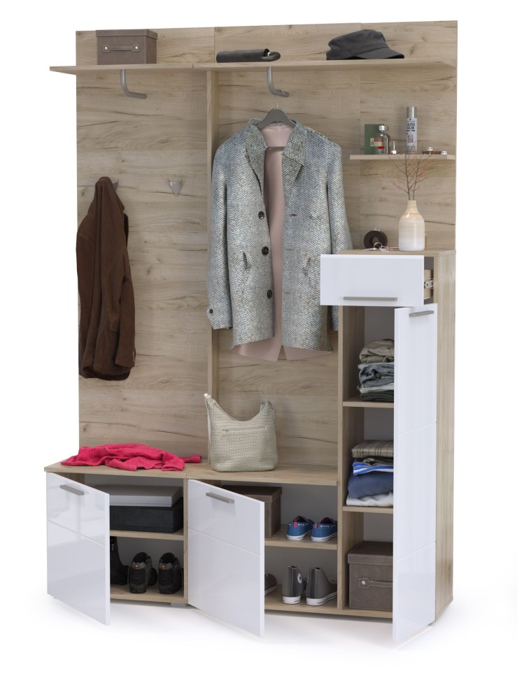 КР100 Лайн Прихожая № 18, цвет дуб крафт серый/фасады МДФ белый глянец, ШхГхВ 144,8х35,1х210 см., НЕ универсальная сборка