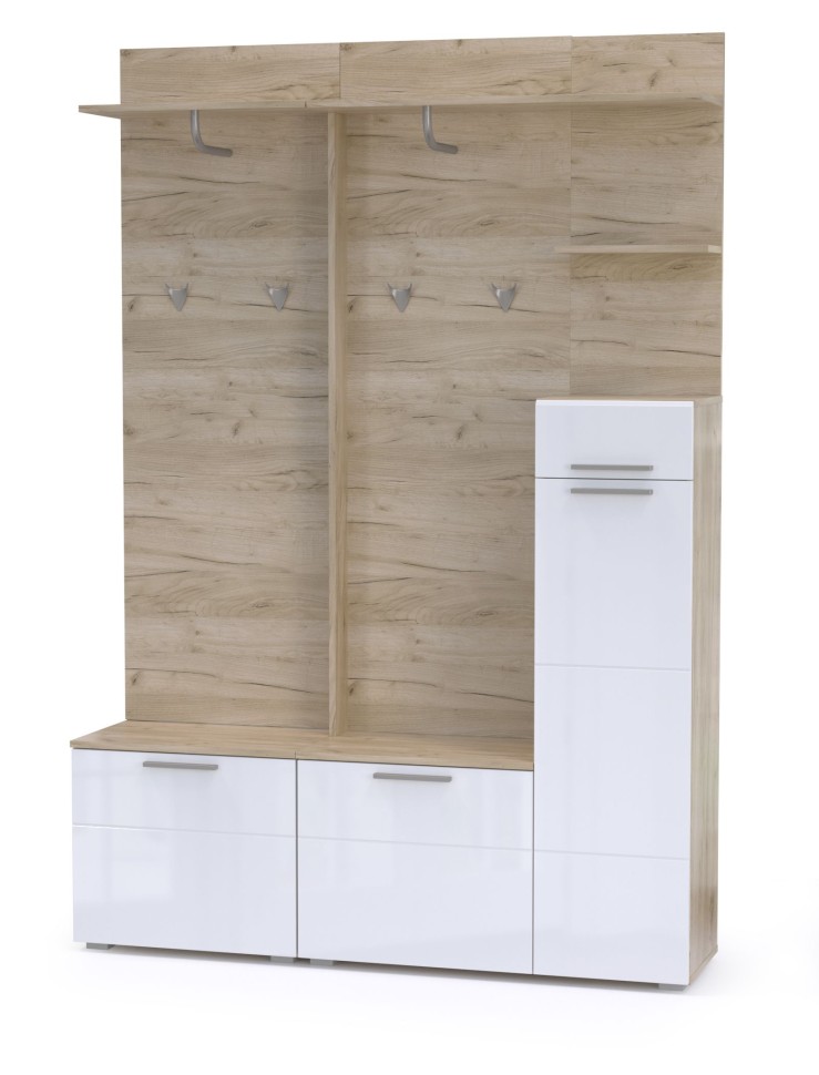 КР100 Лайн Прихожая № 18, цвет дуб крафт серый/фасады МДФ белый глянец, ШхГхВ 144,8х35,1х210 см., НЕ универсальная сборка