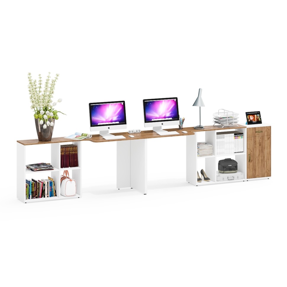 Лидер-8 Стол + Стол + Тумба МД 3.15, цвет белый шагрень/крафт золото, ШхГхВ 370х50/30х75 см. или 230х50/120х75 см., НЕ универсальная сборка