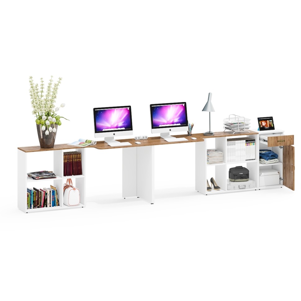 Лидер-8 Стол + Стол + Тумба МД 3.15, цвет белый шагрень/крафт золото, ШхГхВ 370х50/30х75 см. или 230х50/120х75 см., НЕ универсальная сборка