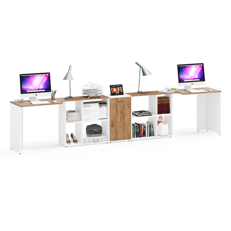 Лидер-8 Стол + Стол + Тумба МД 3.15, цвет белый шагрень/крафт золото, ШхГхВ 370х50/30х75 см. или 230х50/120х75 см., НЕ универсальная сборка